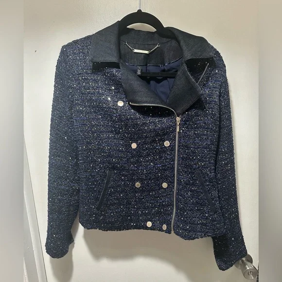 White House Black Market Blue Shimmer Tweed Moto Jacket 4 - Picture 1 of 13
